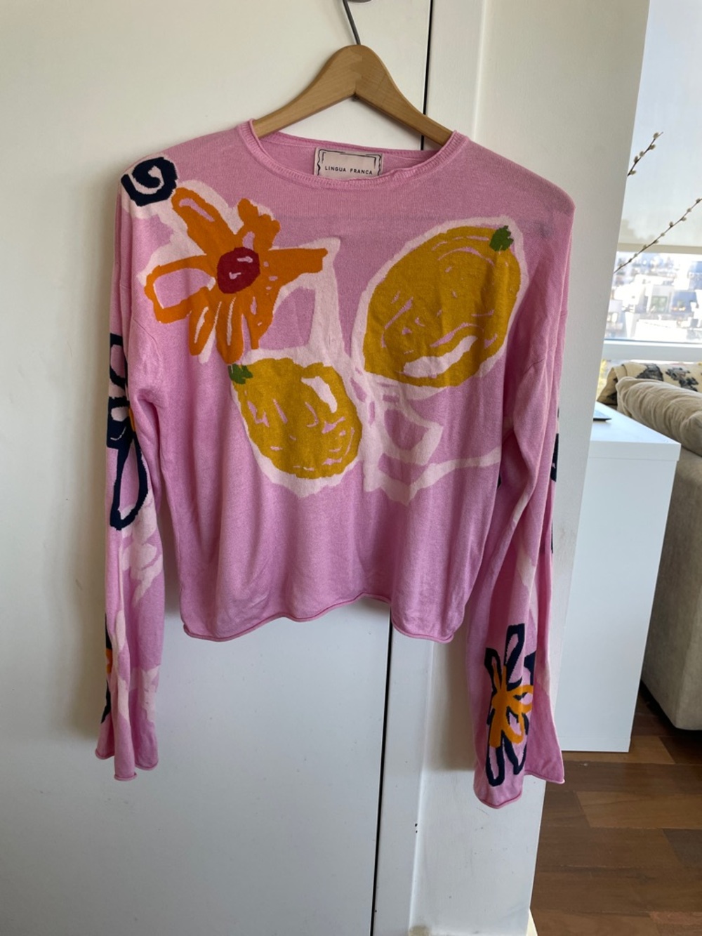 Lingua Franca Pink Floral & Lemon Crew Neck Sweater